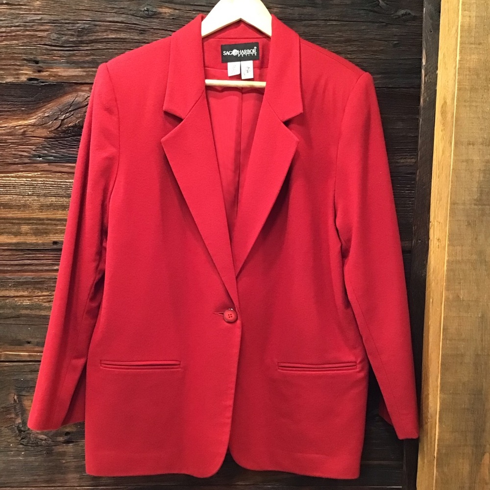 Sag Harbor Womens Wool Blazer Size 14P Single Breasted Shoulder Pads Red Jacket - Picture 2 of 15